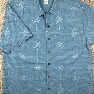 Boca Classics Island Wear Size Large Blue All Silk Button Up Shirt Palm Trees
